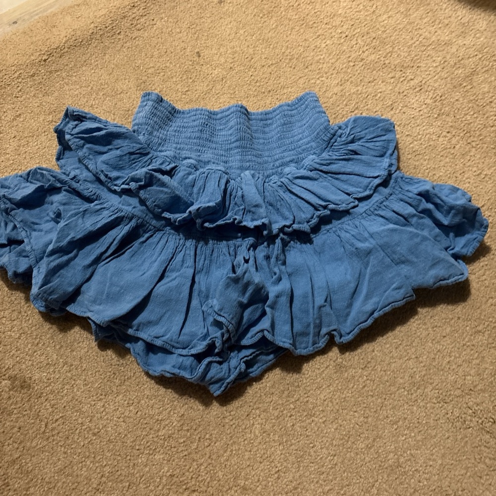 Denim Blue Ruffled Skorts with Elastic Waistband